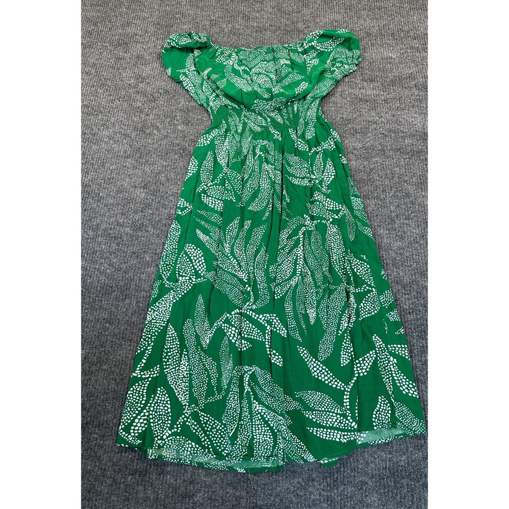 Kindred Leaf Print Midi Dress 1X Green White Smocked Waist Off Shoulder